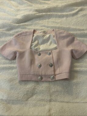 Cropped Pink Double-Breasted Short Sleeve Shrug